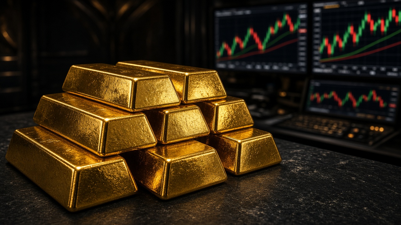 Stacked gold bullion bars on a trading desk after the September 2026 gold price rebound from a 22% fall off record highs